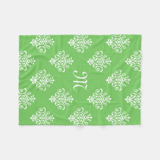 Modern Monogrammed Bright Green Damask Pattern Fleece Deken (Voorkant (Horizontaal))