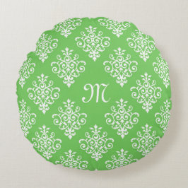Modern Monogrammed Bright Green Damask Pattern Rond Kussen