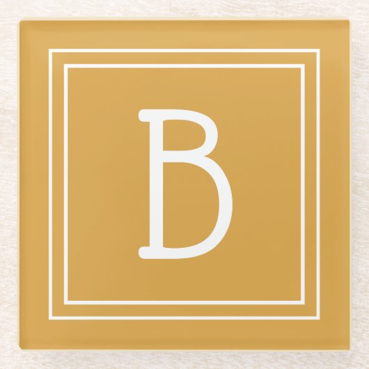 Modern Monogrammed Golden Yellow & White Initiaal Glazen Onderzetter (Voorkant)