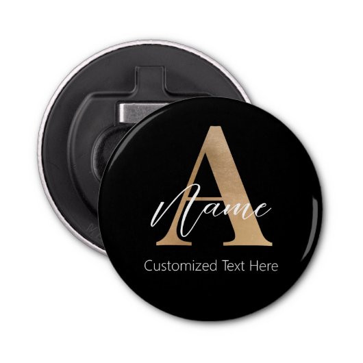 Modern Monogrammed Initiaal A & Naam Gepersonalise Button Flesopener (Voorkant)