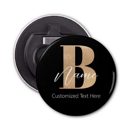 Modern Monogrammed Initiaal B & Naam Gepersonalise Button Flesopener (Voorkant)