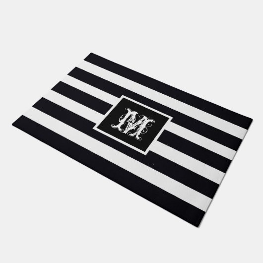 Modern Monogrammed Initiaal Elegant Black White Deurmat (Schuin)