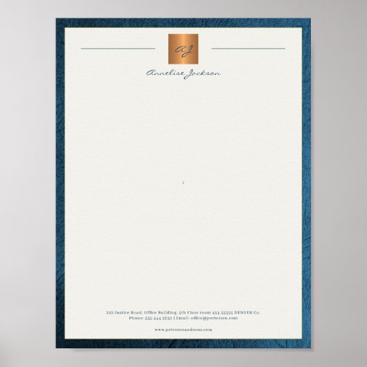 Modern monogrammed printable letterhead blue gold poster (Voorkant)