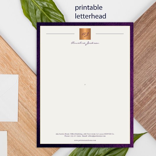 Modern monogrammed printable letterhead purple poster