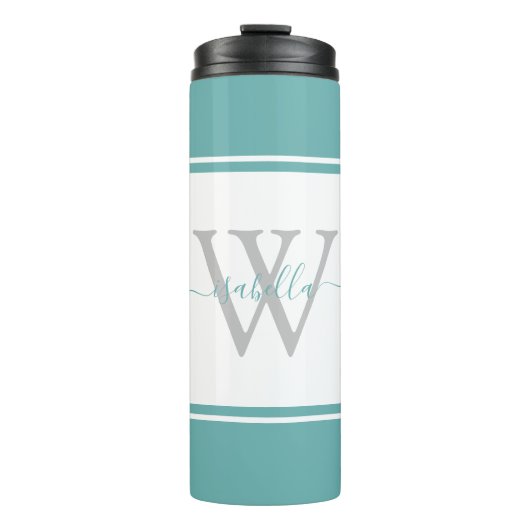 Modern Monogrammed Script Blauwgroen Thermosbeker (Voorkant)