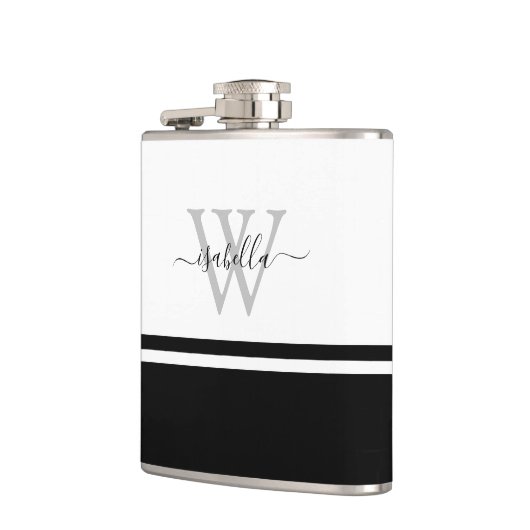 Modern Monogrammed Script Zwart Wit Heupfles (Links)