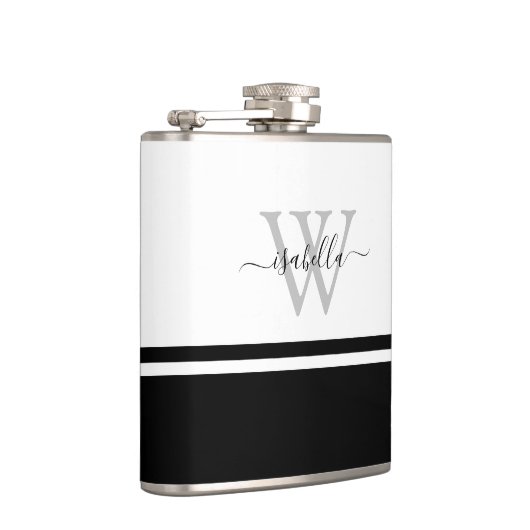 Modern Monogrammed Script Zwart Wit Heupfles (Rechts)