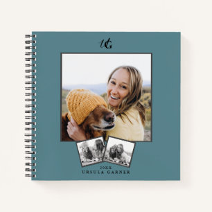 Modern Monogrammed Turquoise Blue 3-Photo Notitieboek