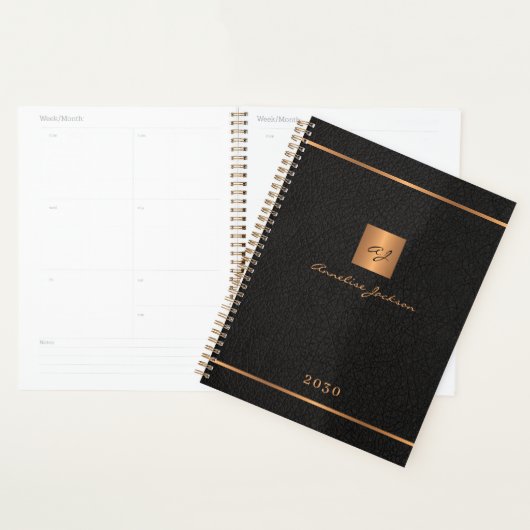 Modern monogrammed zwart goud elegante naam script planner (Display)