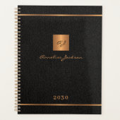 Modern monogrammed zwart goud elegante naam script planner (Voorkant)