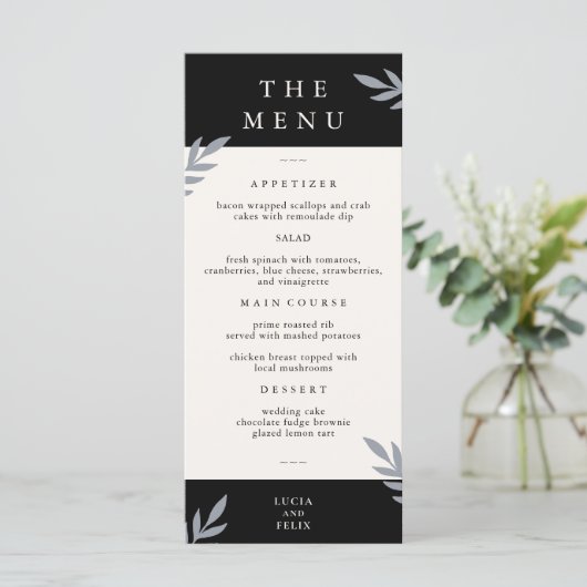 Modern monster bladeren verdrietig zwart diner menu (Staand voorkant)
