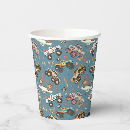 Modern Monster Truck Verjaardag Waterverf Blauw Papieren Bekers (Links)
