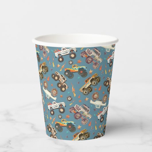 Modern Monster Truck Verjaardag Waterverf Blauw Papieren Bekers (Voorkant)