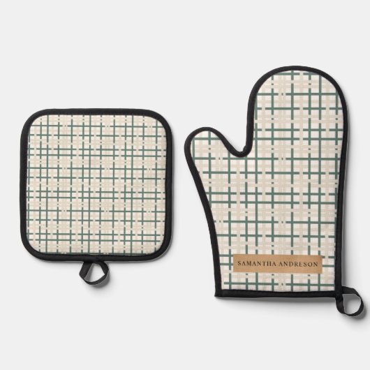 Modern Montauk Grid Groen & Beige Ovenwant & Pannenlap Set (Voorkant)