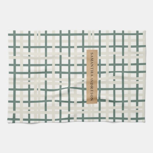 Modern Montauk Grid Groen & Beige Theedoek (Horizontaal)