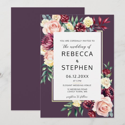 Modern Moody Bourgondië Rozen Floral Violet bruilo Kaart (Voorkant / Achterkant)