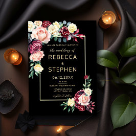 Modern Moody Burgundy Rozen Floral Black Wedding Kaart