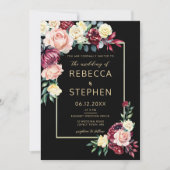 Modern Moody Burgundy Rozen Floral Black Wedding Kaart (Voorkant)