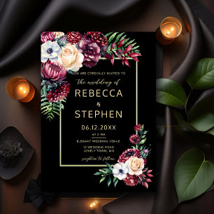 Modern Moody Dark Burgundy Elegant Black Wedding Kaart