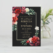 Modern Moody Dark Red Roses Black Wedding Kaart (Staand voorkant)