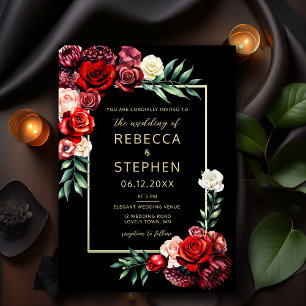 Modern Moody Dark Red Roses Black Wedding Kaart