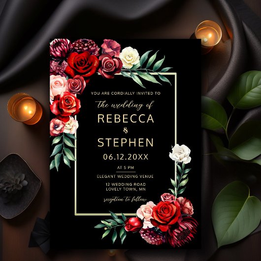 Modern Moody Dark Red Roses Black Wedding Kaart
