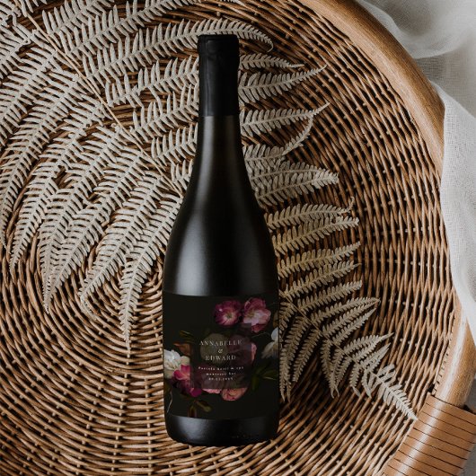 Modern Moody Floral Wedding Dark Romantic Sparkling Wijnetiket