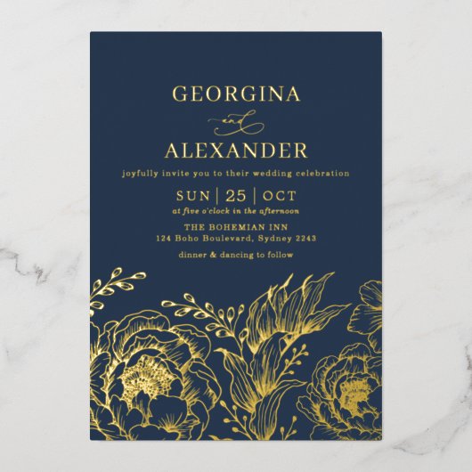 Modern Moody Navy Blue Gold Botanicals Wedding Folie Uitnodiging (Voorkant)