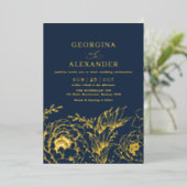 Modern Moody Navy Blue Gold Botanicals Wedding Folie Uitnodiging (Staand Voorkant)