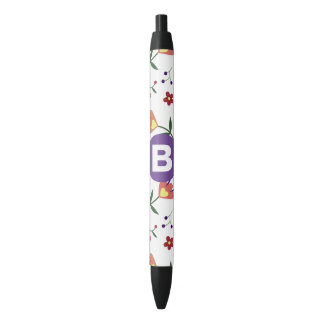 Modern Mooie Kleurrijke Bloem Motief Paarse Monogr Zwarte Inkt Pen