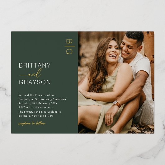 Modern Moss Green 2 Photo Wedding Folie Invitation Folie Uitnodiging (Voorkant)