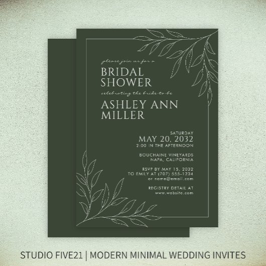 Modern Moss Green Foliage Outline Vrijgezellenfees Kaart