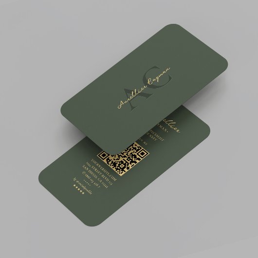 Modern Moss Green Gold Monogram Professional Visitekaartje