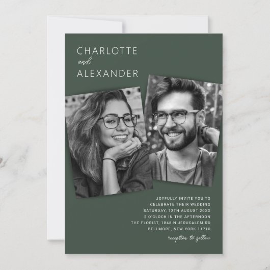Modern Moss Green Photo Wedding Invitation Kaart (Voorkant)