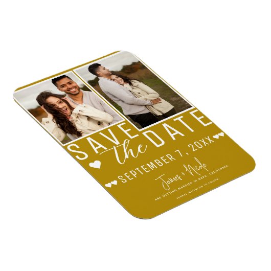 Modern Mosterd Goud Save the Date 2 Foto Bruiloft Magneet (Rechterzijde)