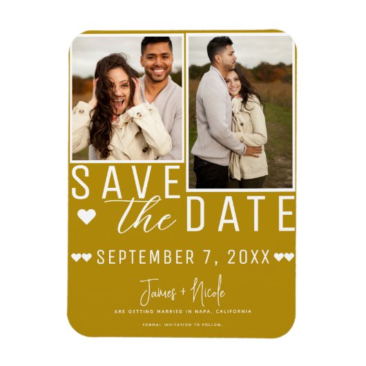 Modern Mosterd Goud Save the Date 2 Foto Bruiloft Magneet (Verticaal)