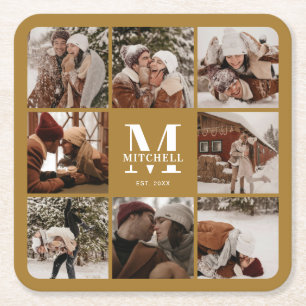 Modern Mosterd Monogram Initiaal Familienaam Foto Kartonnen Onderzetters