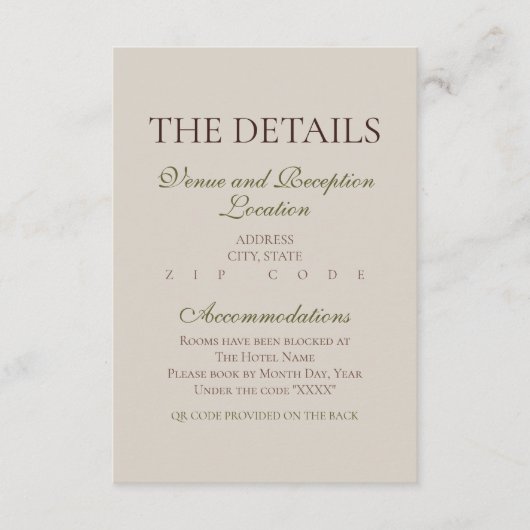 Modern Mousse Brown Wedding Details Enclosure Card Informatiekaartje (Voorkant)