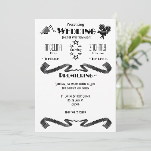 Modern Movie Buff Wedding Uitnodiging (Staand voorkant)