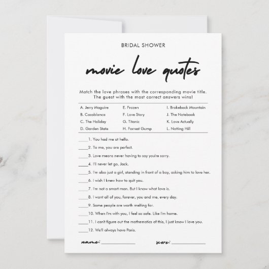 Modern Movie Love Quotes Vrijgezellenfeest Game Ka Kaart (Voorkant)