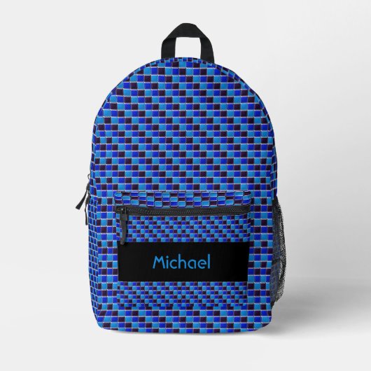 Modern mozaïek in zwart, koningsblauw, op maat bedrukte rugzak (Voorkant)