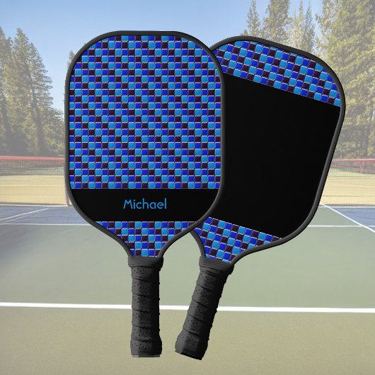 Modern mozaïek in zwart, koningsblauw, op maat pickleball paddle
