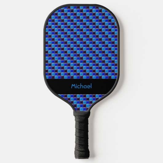 Modern mozaïek in zwart, koningsblauw, op maat pickleball paddle (Voorkant)