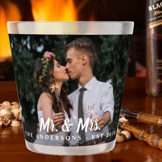 Modern Mr & Mrs Custom Photo Pas getrouwd Wedding Shot Glas