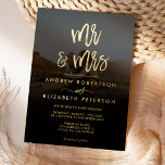 Modern Mr. Mrs. script simpele foto bruiloft goud Folie Uitnodiging<br><div class="desc">Gold Mr en Mrs typografie op donkere ondoorzichtige fotobruiloft,  perfect voor elegante,  luxe bruiloft,  herfst en wintertrouwthema's. Upload uw foto</div>