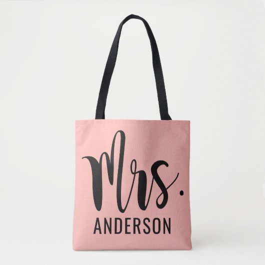 Modern Mrs Pink Black Script Wedding Monogram Tote Bag (Voorkant)