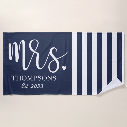 Modern Mrs Script Nautical Navy & White Stripes Strandlaken (Voorkant)