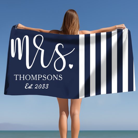 Modern Mrs Script Nautical Navy & White Stripes Strandlaken