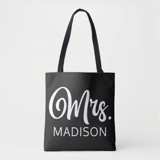 Modern Mrs. White en Zwart Script Wedding Monogram Tote Bag (Voorkant)