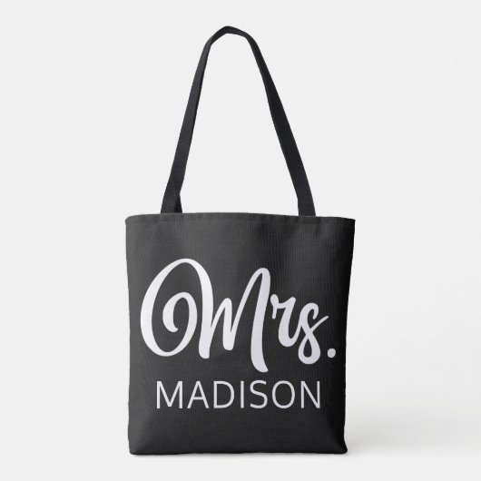 Modern Mrs. White en Zwart Script Wedding Monogram Tote Bag (Achterkant)